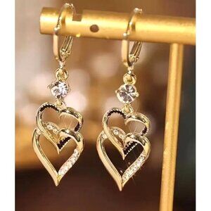 Gold Toned Double Heart Drop Earrings‎ With Rhinestones